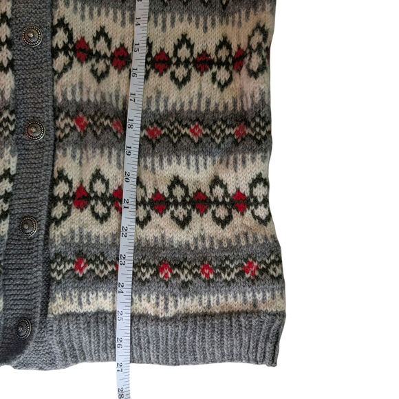 Vtg Nordic Wool Sweater Classic Fair Isle Metal Buttons Cream Gray Red - Picture 4 of 10